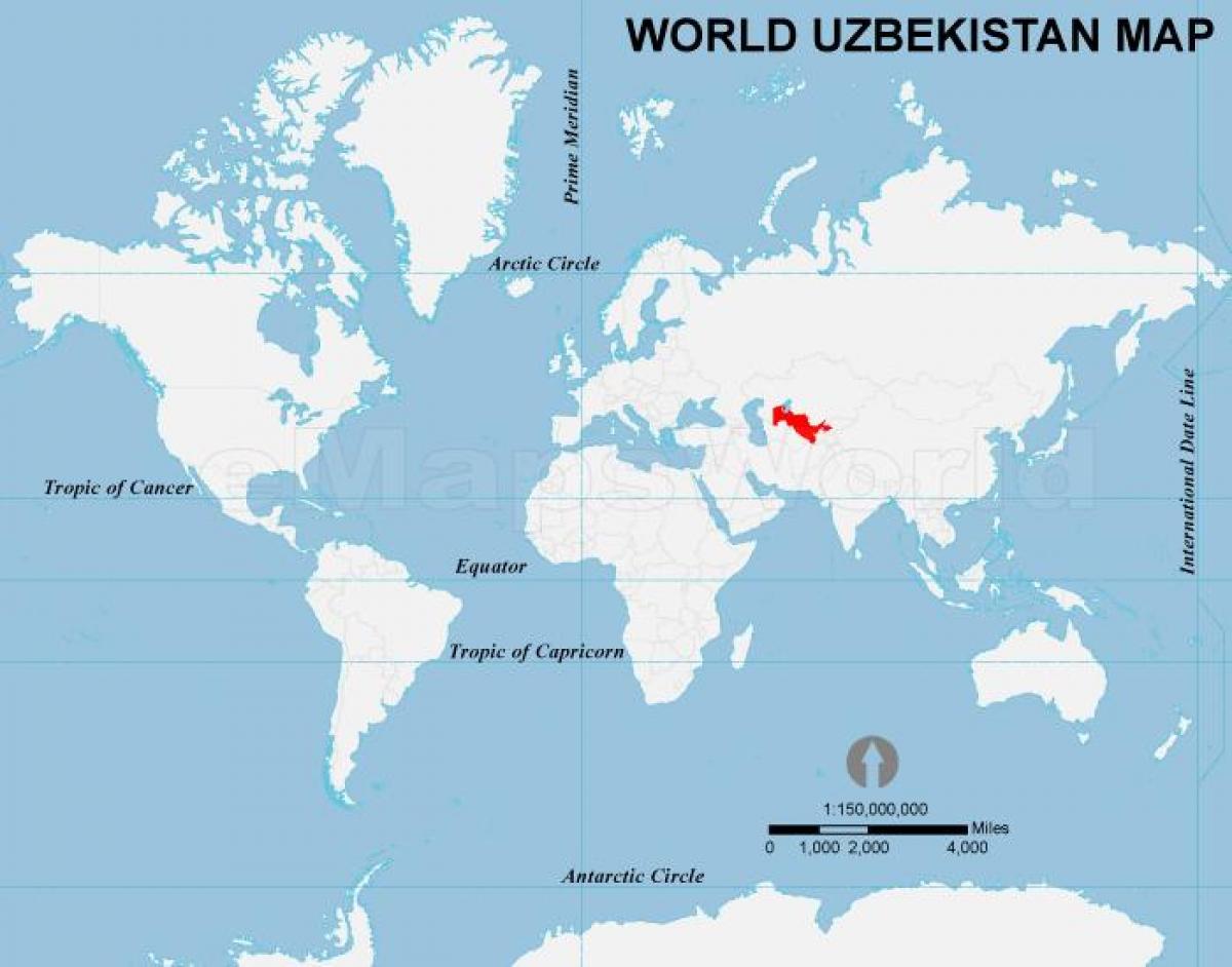 Dünya haritası üzerinde Özbekistan konumu 